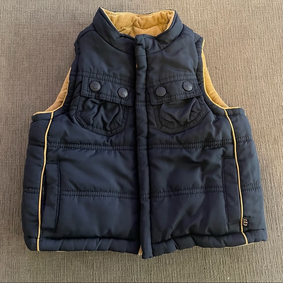 GAP Other - Baby Gap Boy’s Reversible Tan Corduroy / Navy Waterproof Vest Size 18-24 Months